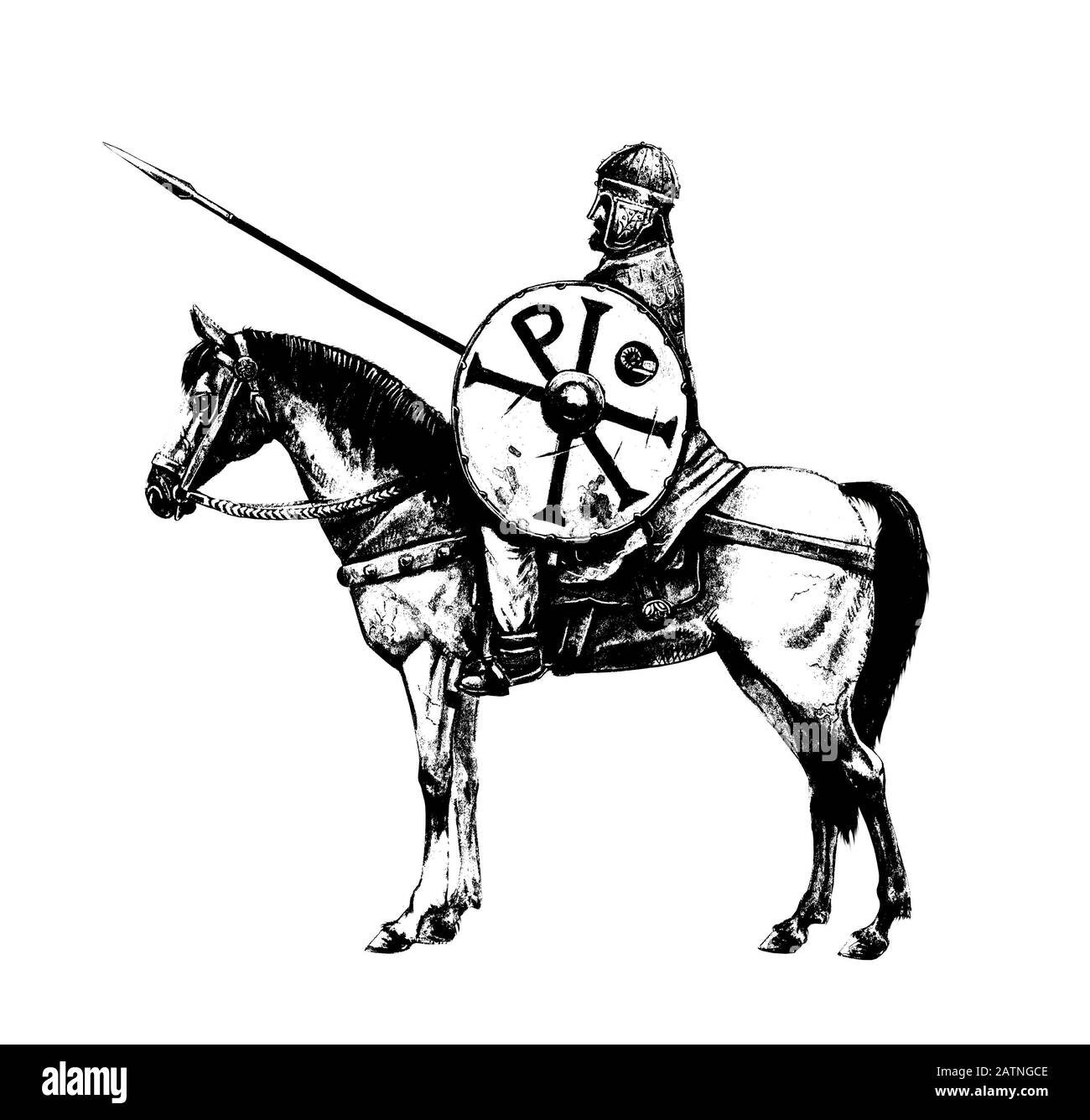 Der alte, byzantinische Reiter. Uralter Krieger zu Pferd. Chi Rho auf dem Schild des Ritters. Schwarz-weiße Abbildung. Stockfoto