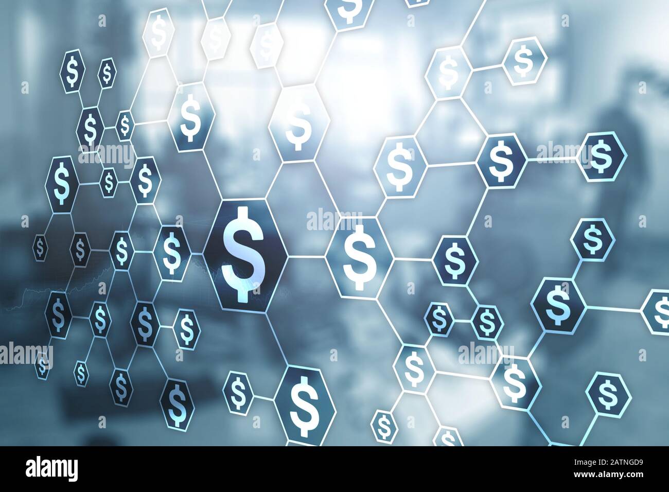 Dollar Symbole auf unscharfen Büro Hintergrund. Finanzielle Hintergrund für geschäftliche Präsentationen Stockfoto
