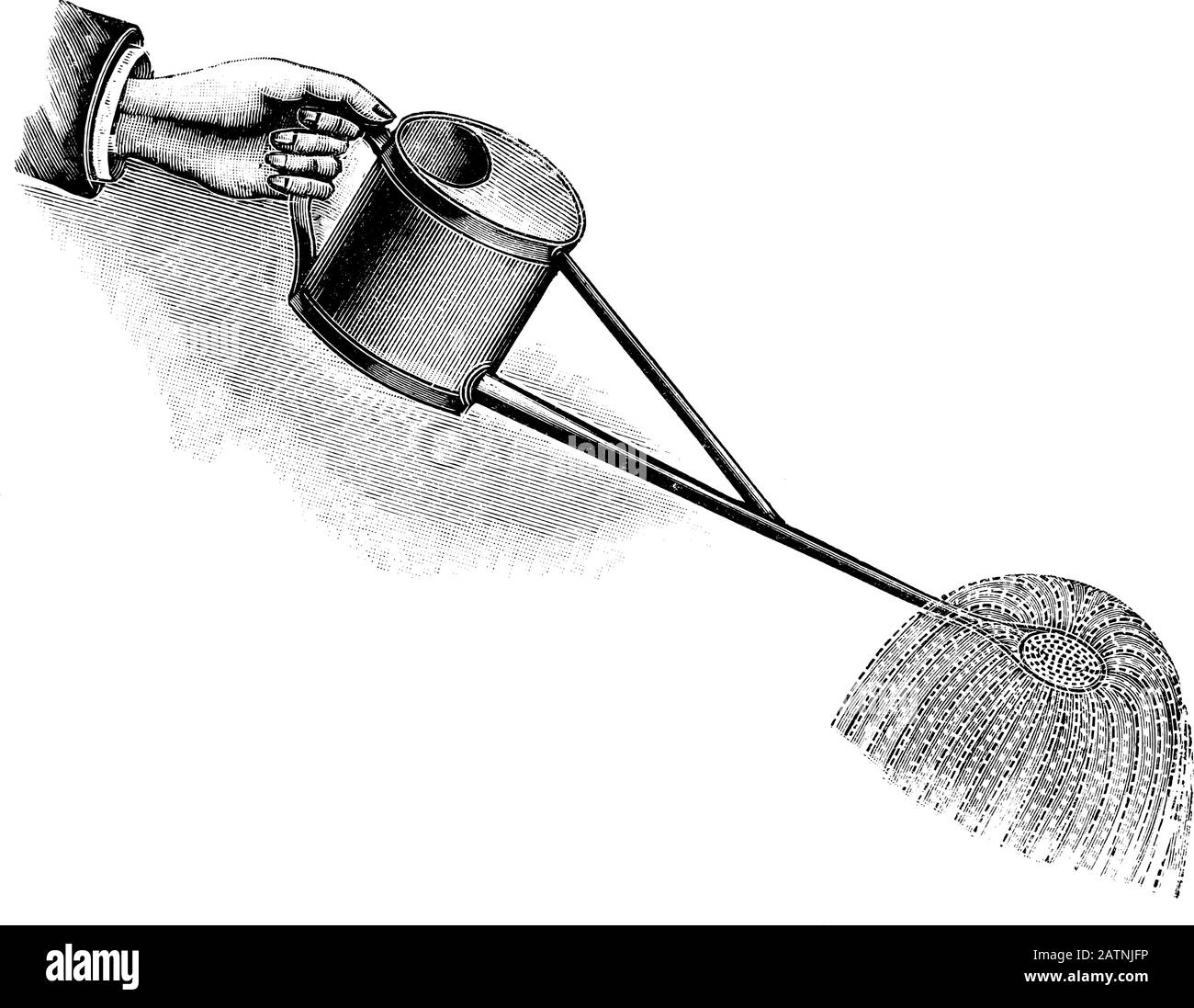 Antike Vintage-Line-Kunst-Illustration, Gravur oder Zeichnung von Hand halten Gartenbewässerung Dose. Von Buchwerken im Zimmer, Prag, 1898. Stock Vektor