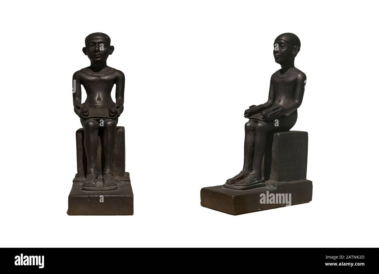 Statuette von mhotep, dargestellt als Schreiber, 664 v. Chr. Seiten- und Kont-Ansicht. Museum für Alte Ägypten-Kultur in Barcelona, Spanien Stockfoto