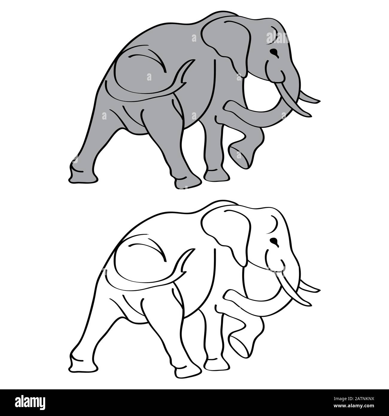 Afrikanischer Busch- oder Waldelefant und asiatischer Elefant. Hat große Ohren, konkave Rückseite, verknitterte Haut, abschüssiges Abdomen. Aufkleber für Kinder. Vektor, EPS 10 Stock Vektor