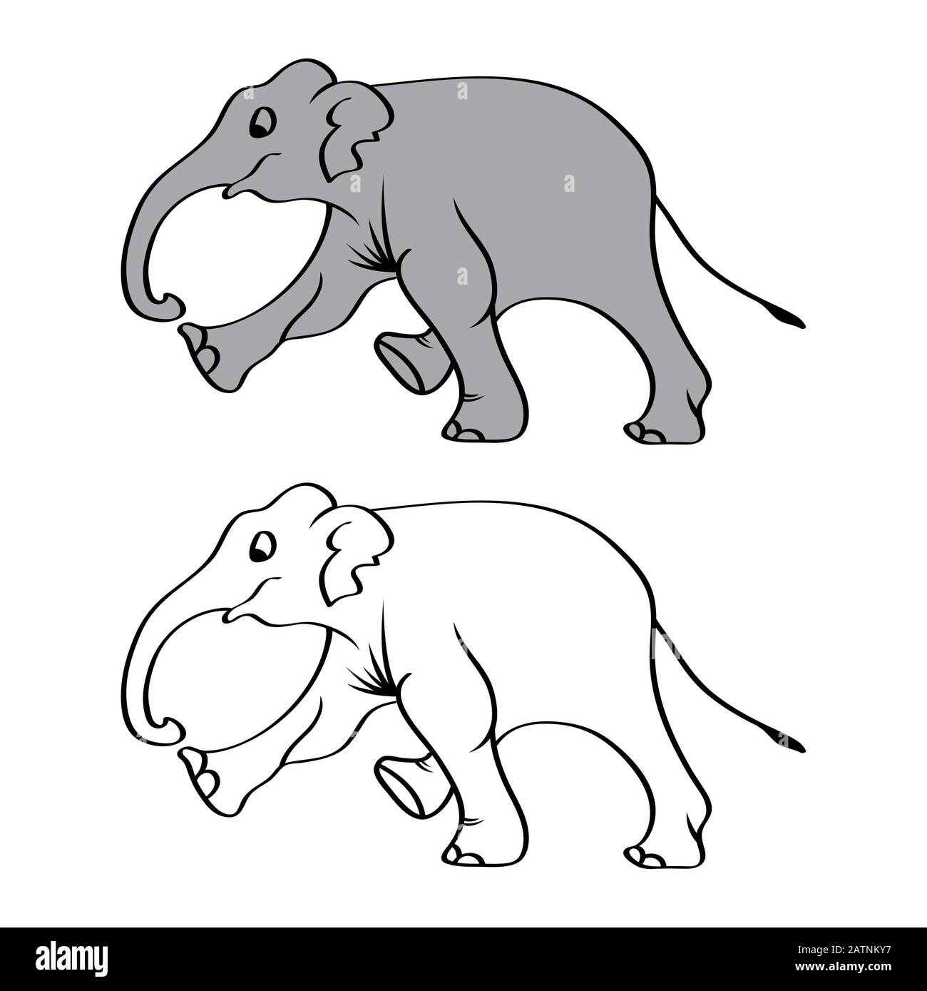 Afrikanischer Busch- oder Waldelefant und asiatischer Elefant. Hat große Ohren, konkave Rückseite, verknitterte Haut, abschüssiges Abdomen. Aufkleber für Kinder. Vektor, EPS 10 Stock Vektor