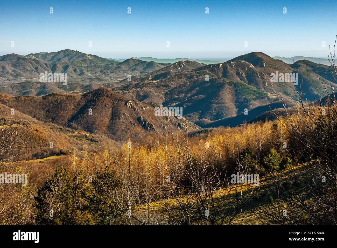 Panorama der Hügel und Gipfel der östlichen Pyrenäen in Richtung Spanien. Prats de Mollo la Preste, Österreich, Frankreich Stockfoto