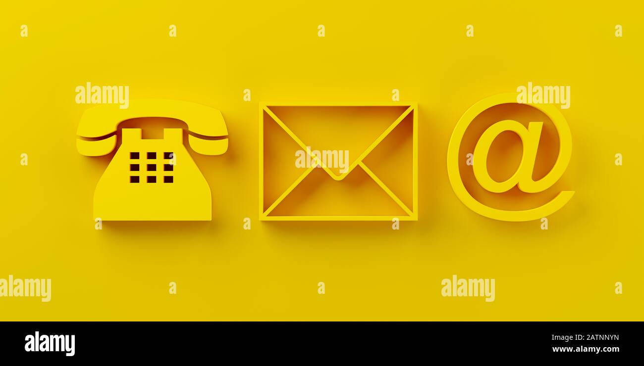 Gelbes Telefon, Briefumschlag und E-Mail-Symbole auf gelbem Hintergrund, Kontaktieren Sie uns Symbole oder Banner, 3D-Abbildung Stockfoto