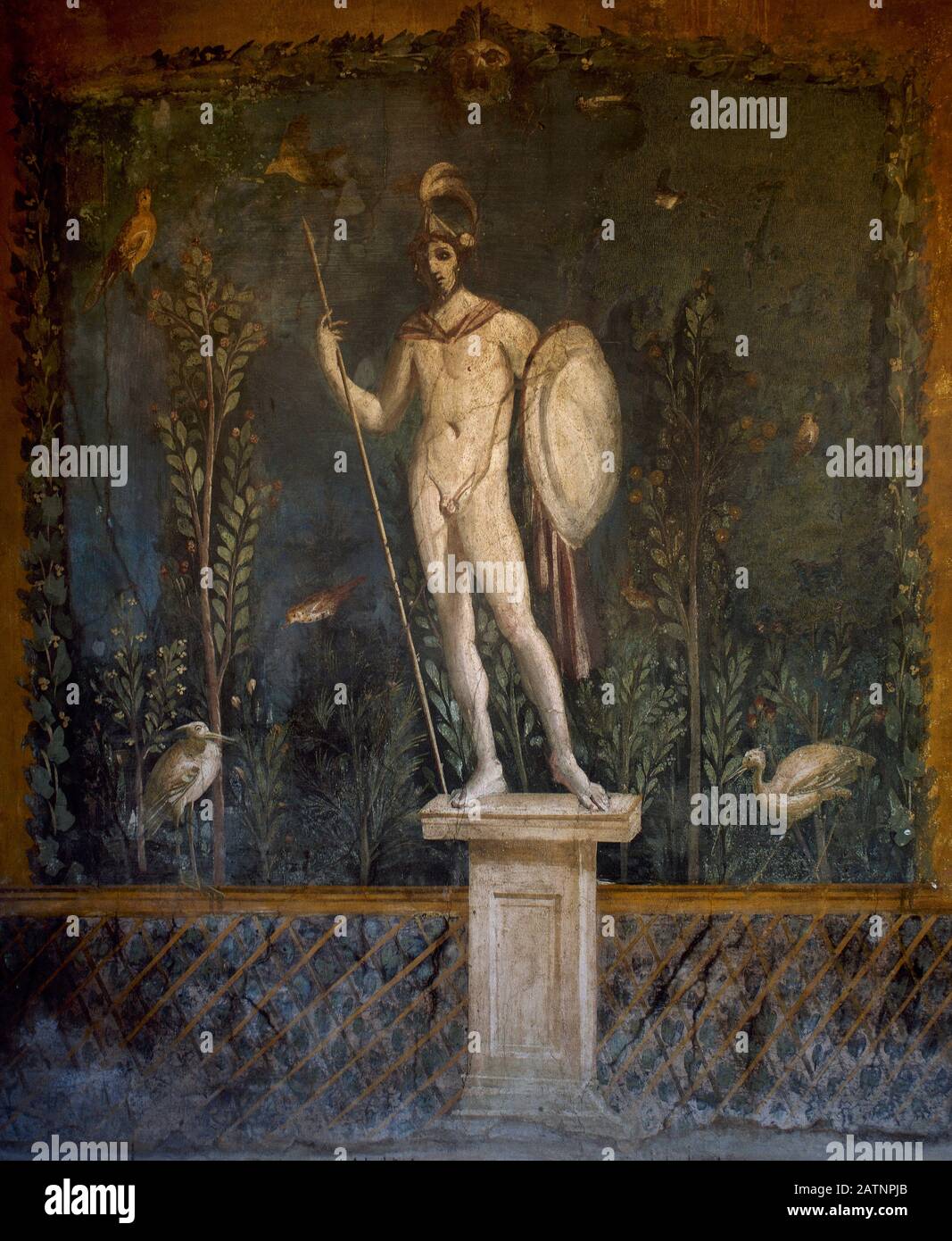 Pompeji. Fresko, das Gott Mars mit Helm und Waffen darstellt. Es schmückte die Gartenwände des Hauses der Venus, 1. Jahrhundert n. Chr. Italien, La Campania. Stockfoto