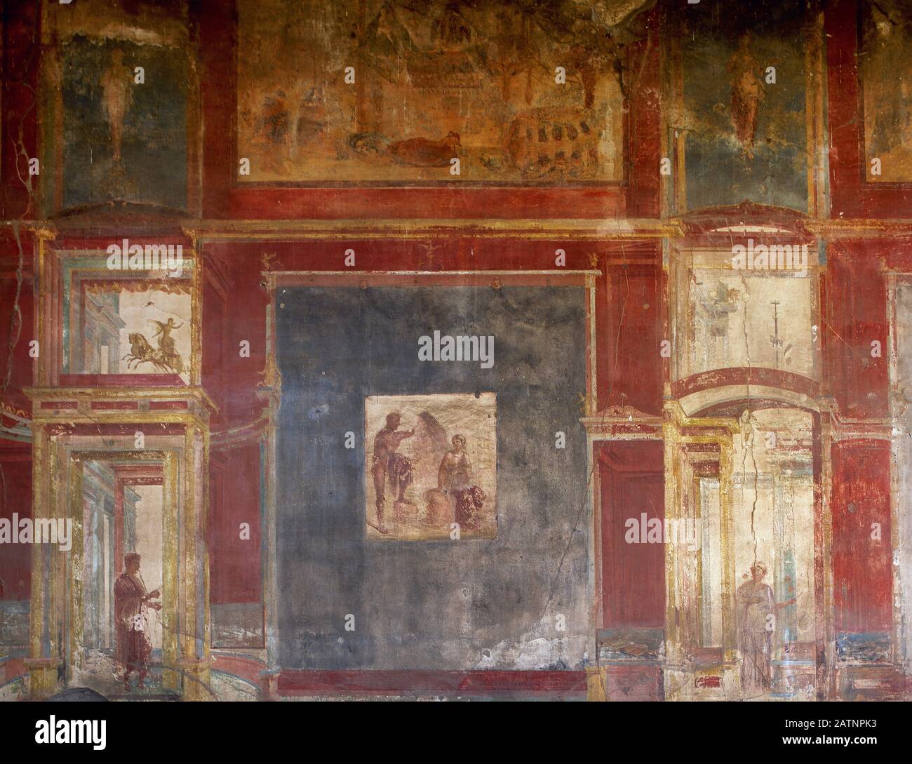 Italien, Pompeji. Pompeianische Fresken, die die Nordwestwand des Macellum (Markt) schmückten. Chr. erwähnt. Forenbereich. Stockfoto