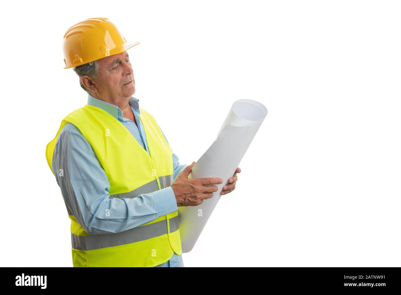 Alter Ingenieurmann mit ernsthaftem Ausdruck, der auf weißem Hintergrund isolierte Pläne betrachtet Stockfoto
