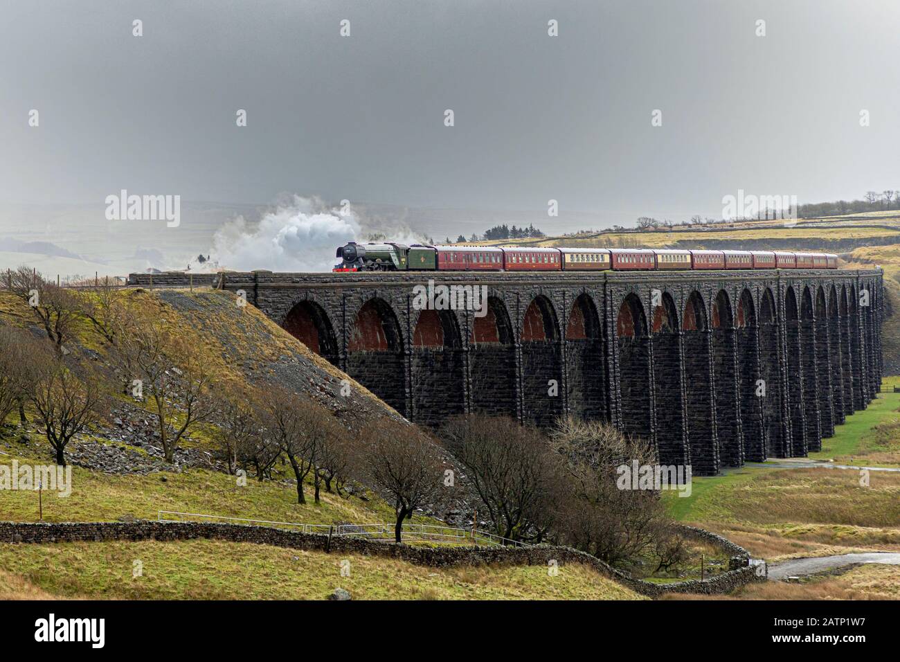 Blick auf den Flying Scotsman auf dem Ribblehead Viadukt. Stockfoto