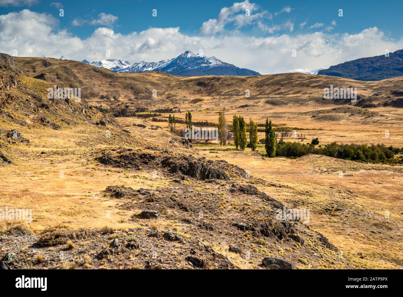 Vulkanische Gesteine im Grasland des Chacabuco Valley, zukünftiger Patagonia-Nationalpark, in der Nähe von Cochrane, Chile Stockfoto