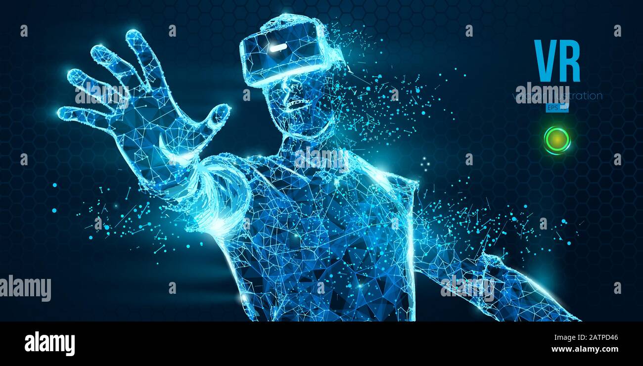 VR-Headset holografisches Vektor-Banner mit niedrigem Poly-Drahtmodell. Polygonalmann mit Brille der virtuellen Realität. VR-Spiele spielen Stock Vektor