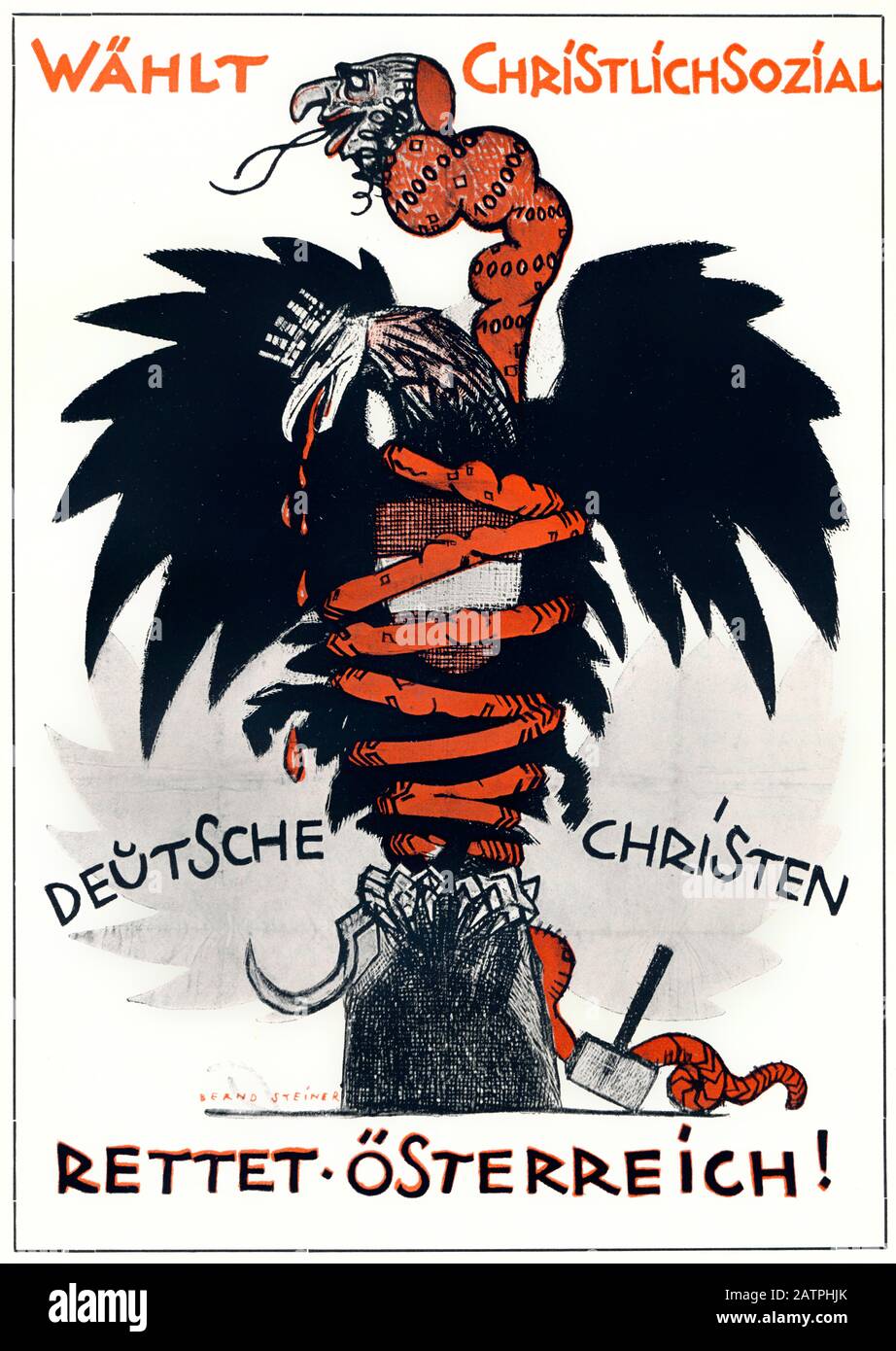 "Deutsche Christen - Österreich retten!", ein anti-semitisches Plakat der Christlichsozialen Partei, Österreich, 1920, eine judeo-bolschewistische Schlange, die den österreichischen Adler erwürgte Stockfoto