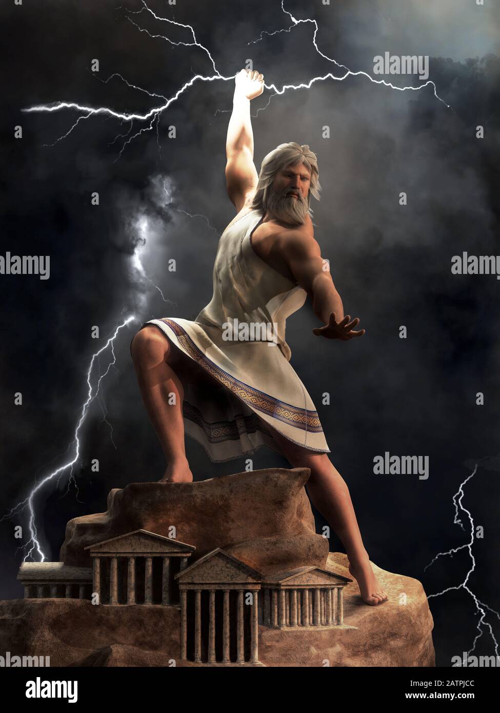 Zeus, der König der griechischen Götter, steht auf dem Olymp und ist bereit, Blitze auf die Erde und die Menschheit hinunterzuschleudern. 3D-Rendering Stockfoto