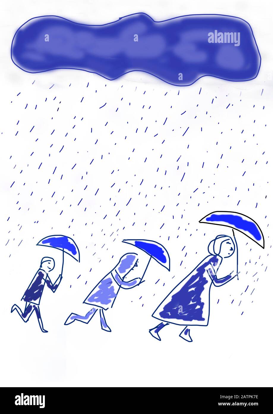 Naive Illustration, Kinderzeichnung, Menschen mit Regenschirmen, die durch den Regen laufen, Deutschland Stockfoto