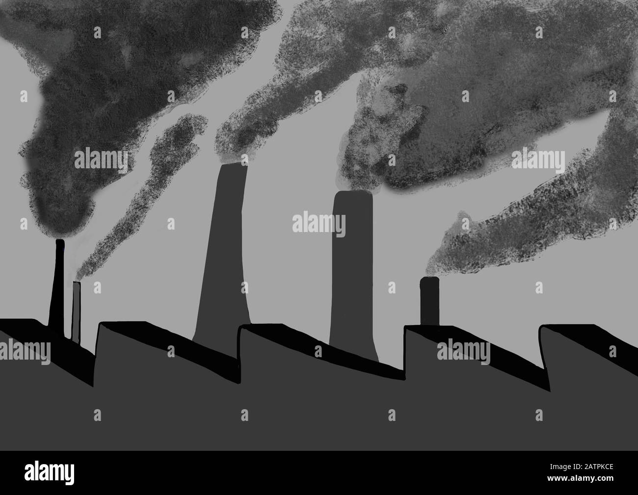 Naive Illustration, Kinderzeichnung, Umweltverschmutzung durch Fabrikschornsteine, Deutschland Stockfoto