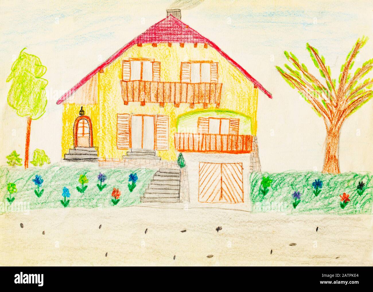 Naive Illustration, Kinderzeichnung, Haus mit Garten, Deutschland