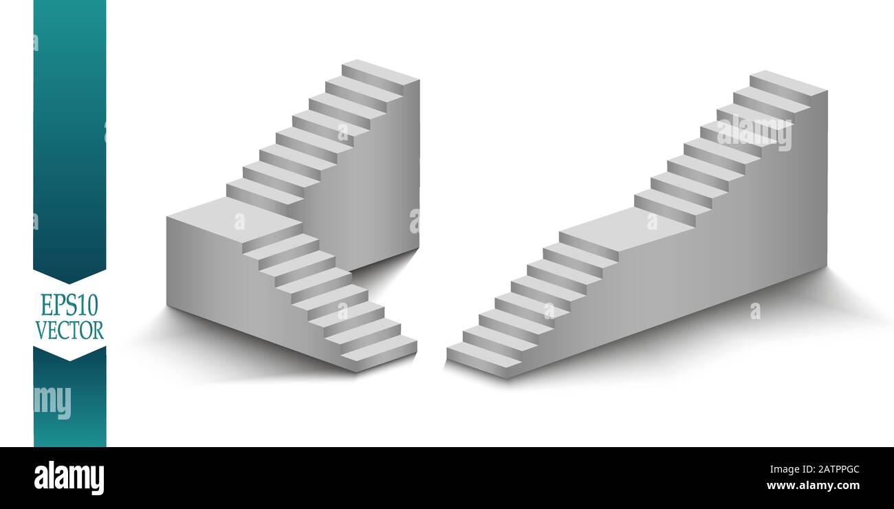Weiße Treppen, 3D-Treppen. Satz. Isoliert auf weißem Hintergrund. Stock Vektor