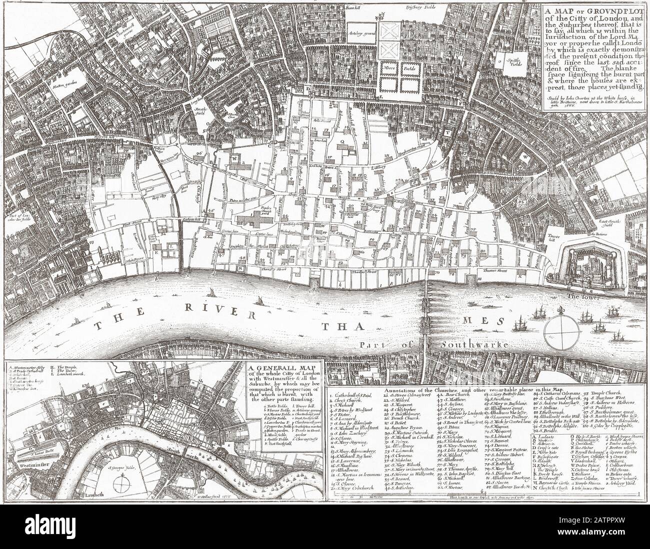 Karte mit dem Ausmaß der Schäden, die durch den Großen Brand von London, 1666 entstanden sind. Nach der Beschreibung in der rechten oberen Ecke der Karte zeigt der weiße Bereich, was verbrannt wurde und das Eigentum innerhalb des überlebten Bereichs. Stockfoto