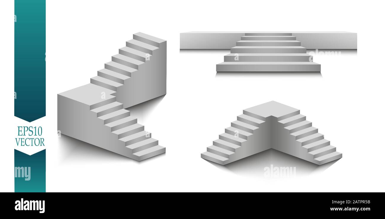Weiße Treppen, 3D-Treppen. Satz. Isoliert auf weißem Hintergrund. Stock Vektor