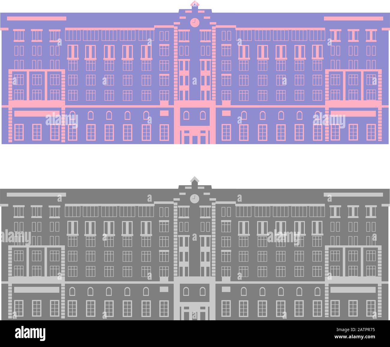 Ein großes Gebäude mit schöner Architektur in zwei Farben. Vorderansicht. In der Mitte befindet sich der Haupteingang, oben auf der Uhr. Vektor isoliert i. Stock Vektor