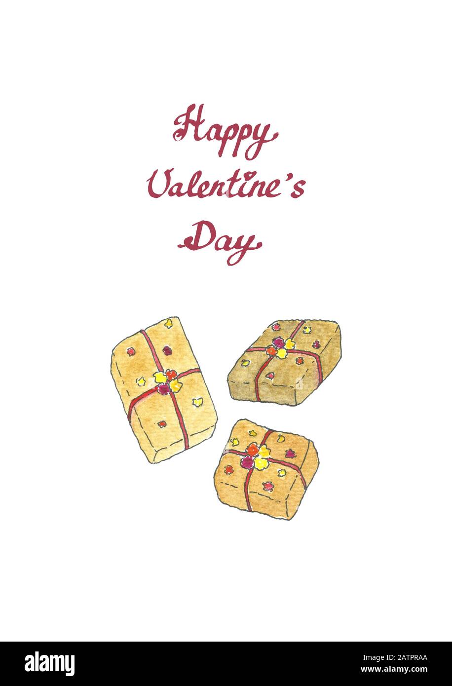 Aquarell Postkarte: Präsentiert Boxen und Redewendungen Happy Valentine's Day. Einfache Skizze Handzeichnen Illustration kann in Postkarten, Grußkarten, Bannern, Drucken, Feiern usw. verwendet werden Stockfoto