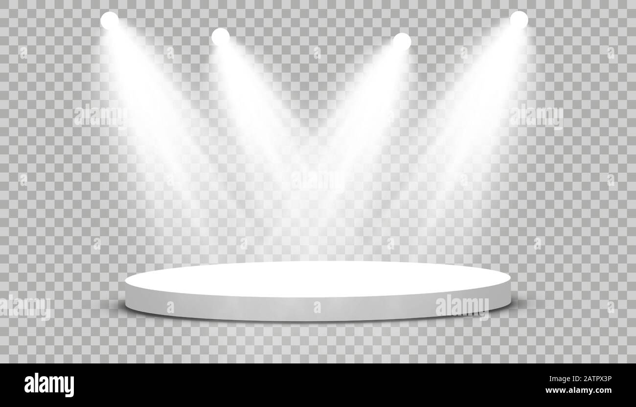 Rundes Podium, Podest oder Plattform, beleuchtet von Scheinwerfern auf transparentem Hintergrund. Plattform für Design. Realistisches 3D-Podium leer. Etappe mit Stock Vektor