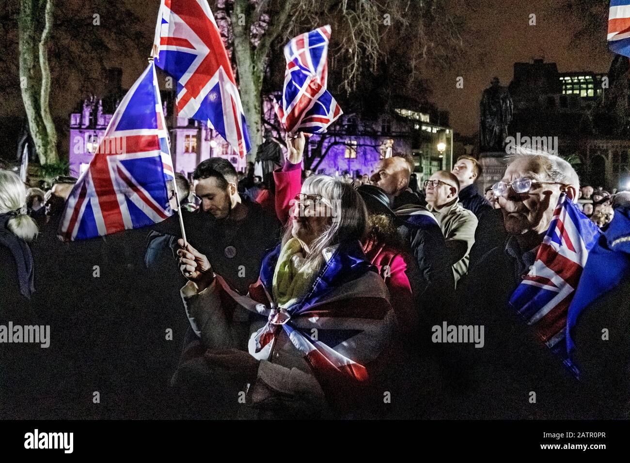 Großbritannien feiert den Austritt aus der EU. Brexit feiern. Parliament Square, London, Großbritannien. Januar 2020. Stockfoto