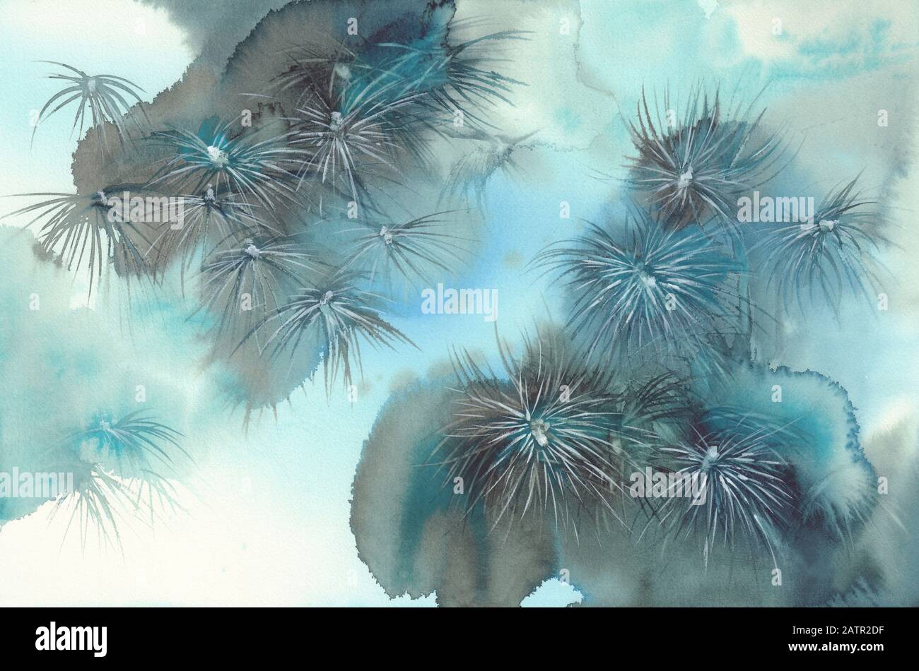 Pine Tree Branches im Schnee Aquarell Hintergrund Stockfoto