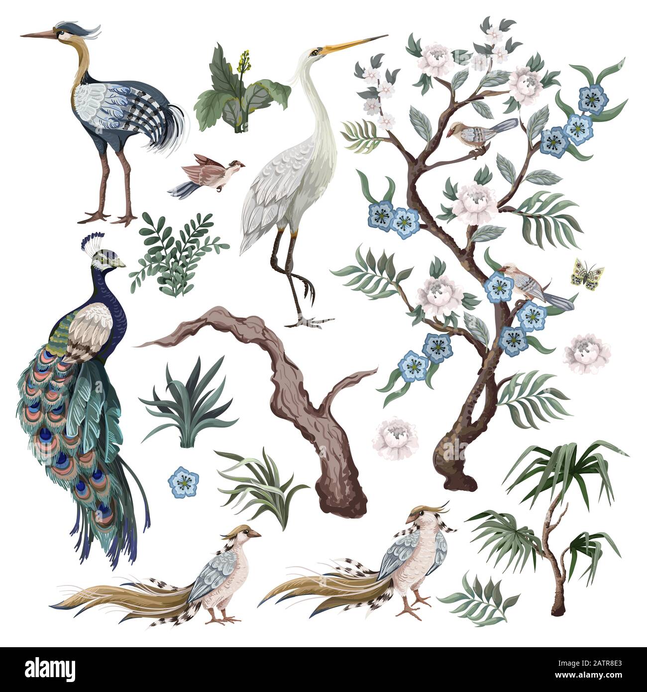 Reiher, Pfau, Ponys und Vogel im Chinoiserie Stil isoliert. Vektor. Stock Vektor