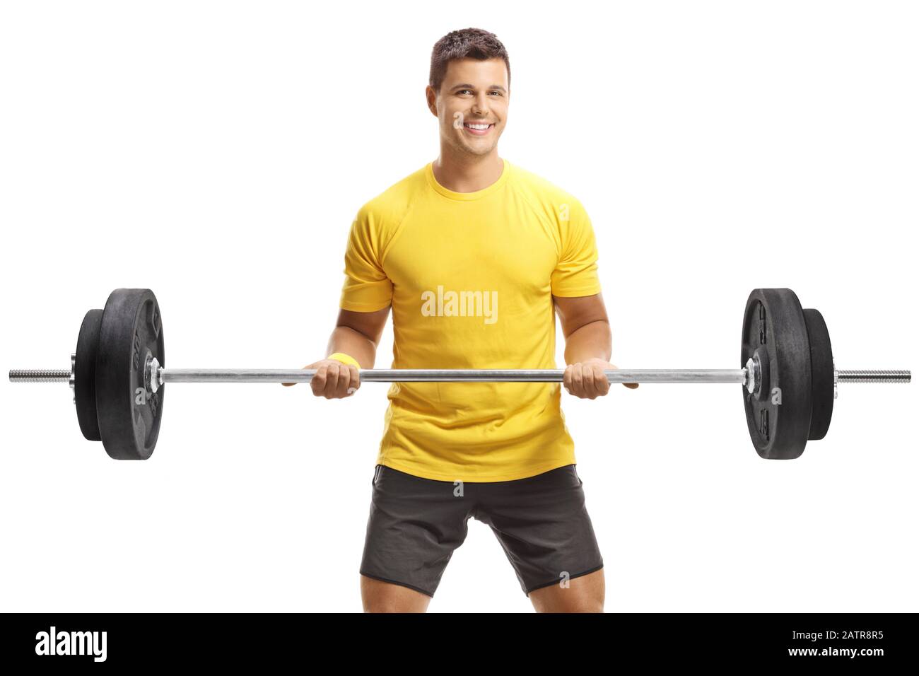 Der Mann, der das Gewichtheben trainiert, ist isoliert auf weißem Hintergrund Stockfoto