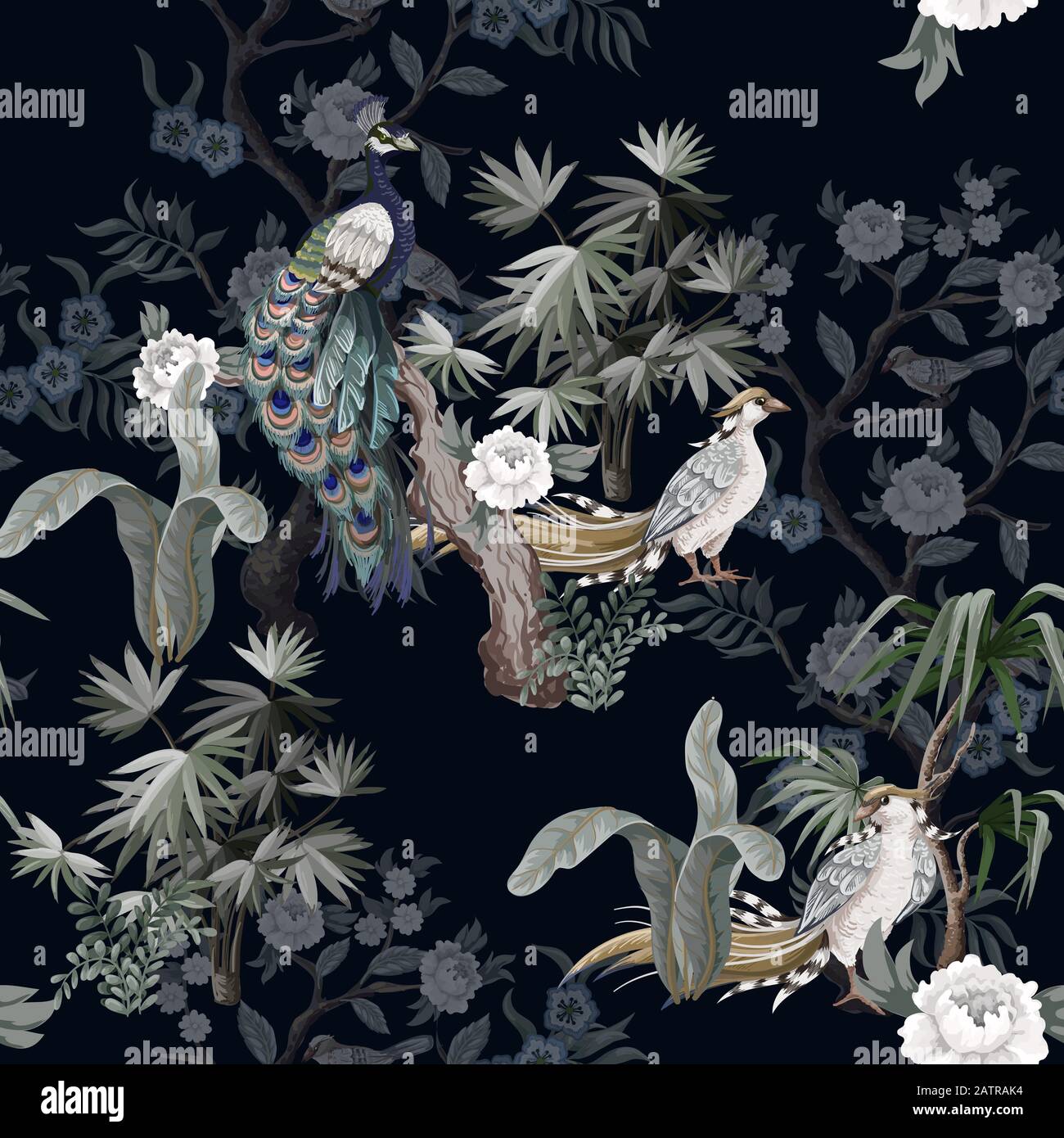 Nahtloses Muster im chinoiserie-Stil mit Störchen, Vögeln und Ponys. Vektor, Stock Vektor