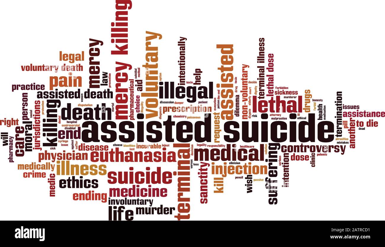 Begleiteten Suizid Wort Cloud Konzept. Collage aus Worten über assistierten Suizid. Vektorgrafiken Stock Vektor