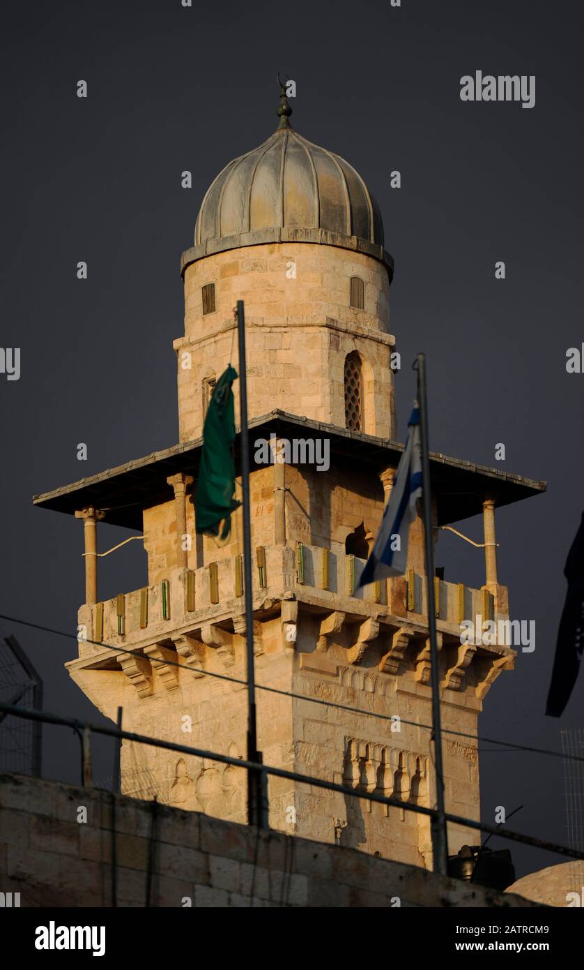 Israel, Jerusalem. Bab al-Silsila Minarett (Das Minarett des Kettentores). Jahrhundert. Einer der vier Minarette der al-Aqsa-Moschee. Stockfoto