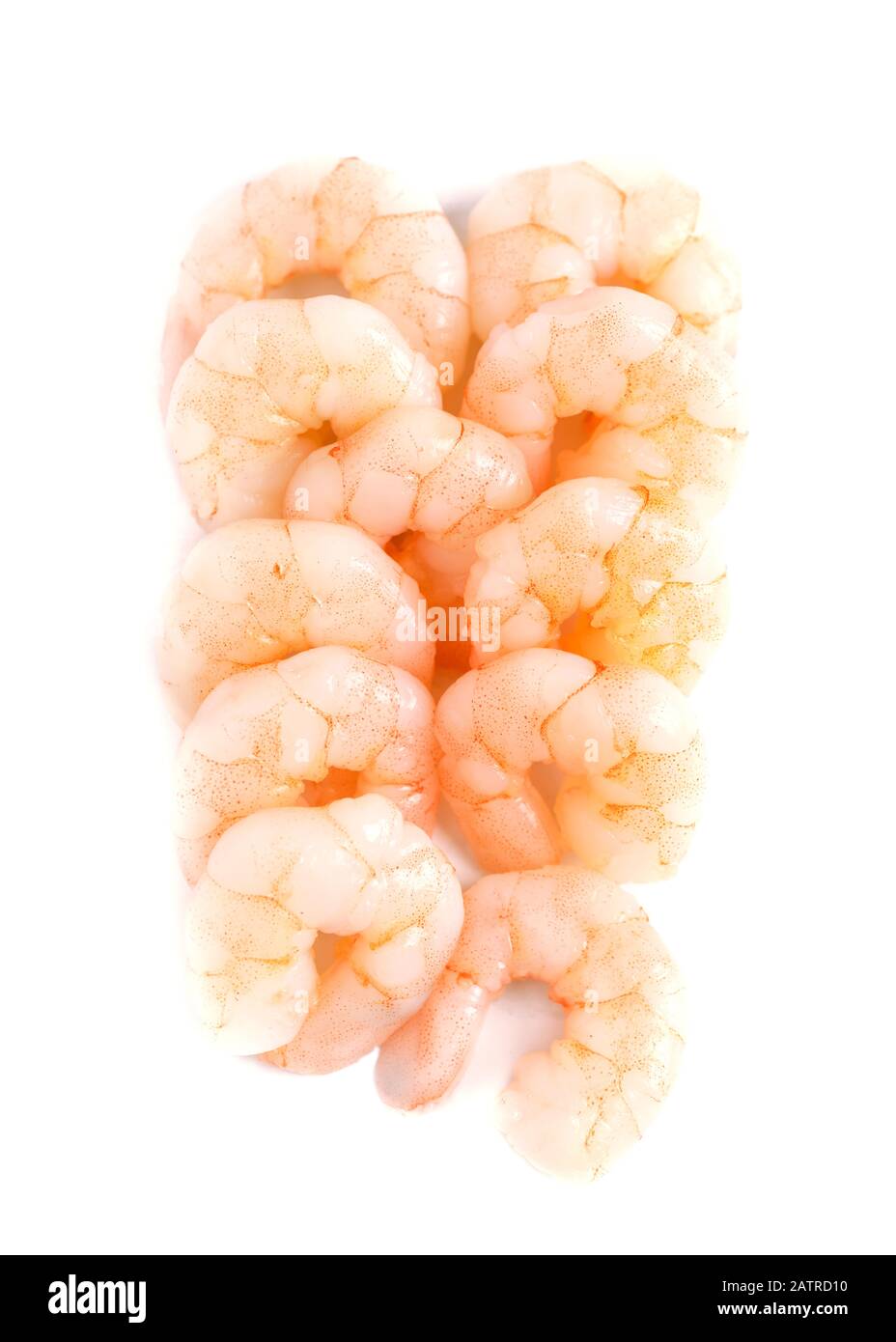 Süß gekochte King-Garnelen auf einem weißen Backgroen über Kopfschuss Stockfoto
