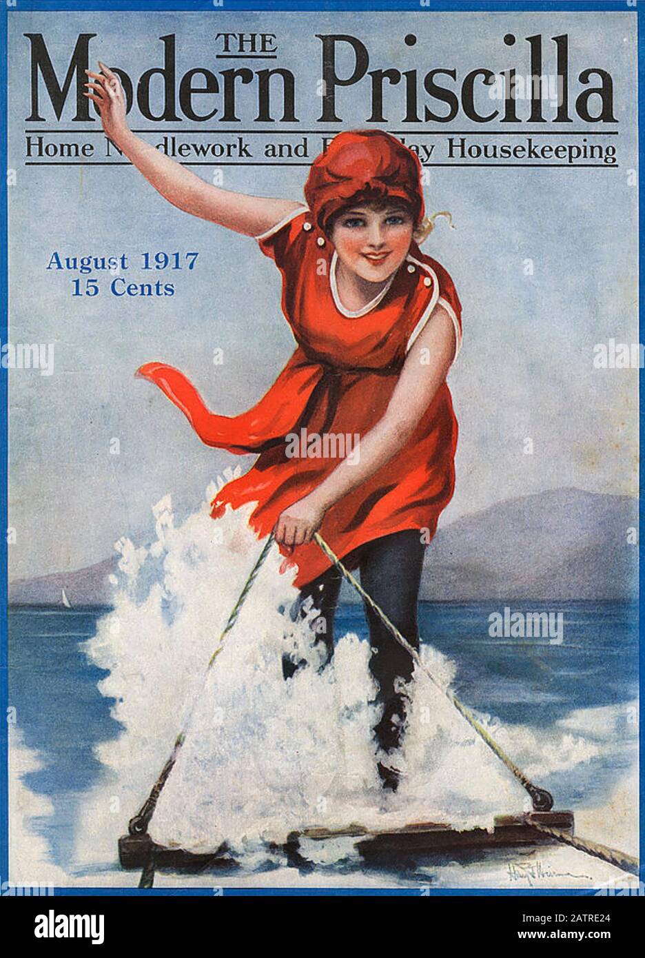 DIE MODERNE PRISCILLA AUGUST 1917. Cover der amerikanischen sechzehnseitigen Zeitschrift (1887-1930), die sich meist der Nadelarbeit widmet Stockfoto