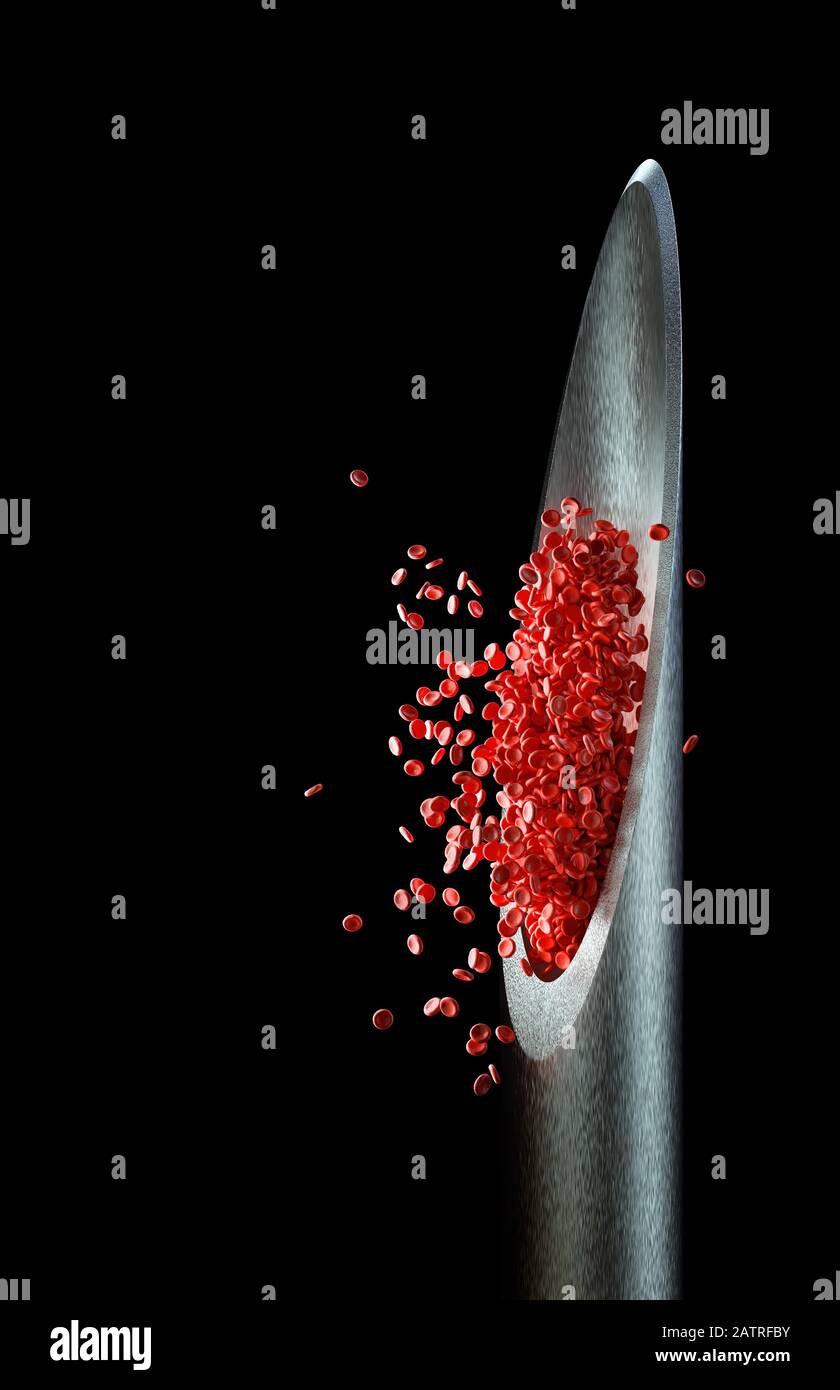 Injektionsnadel mit roten Blutkörperchen, die aus der Spitze hervorstehen. 3D-Illustration, Konzeptbild der Medizin und wissenschaftliche Studien. Stockfoto