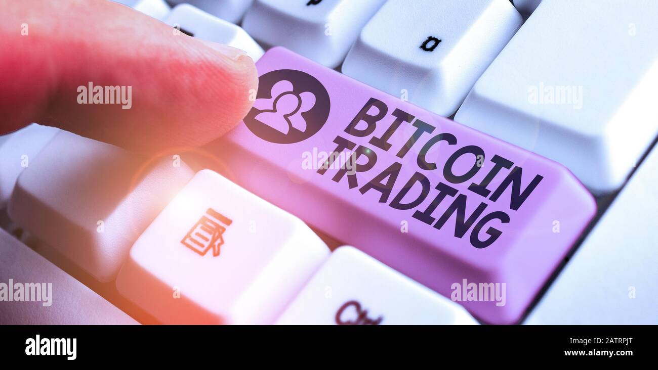 Hinweis zum Bitcoin Trading. Geschäftskonzept für den Kauf und Verkauf von Kryptokurrency auf dem Aktienmarkt Stockfoto