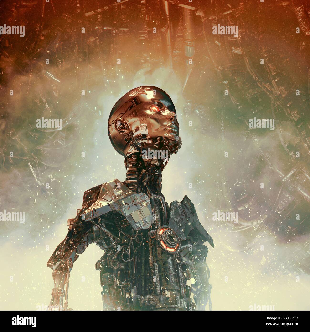 Das positronische Mädchen/3D-Illustration der Robotertechnik im Retro-Stil metallische junge weibliche Science Fiction künstliche Intelligenz android Stockfoto