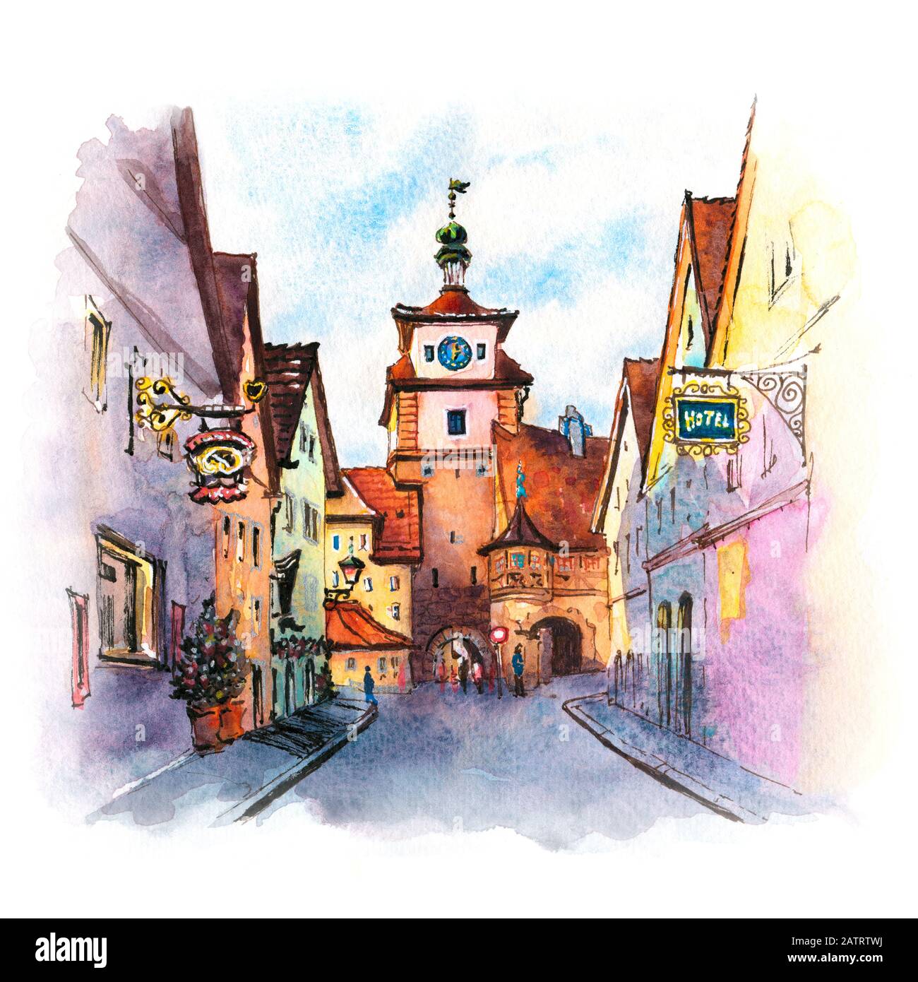 Aquarellskizze von weißem Turm oder Weisser Turm in der mittelalterlichen Altstadt von Rothenburg ob der Tauber, Bayern, Teil der Romantischen Straße durch Deutschland Stockfoto