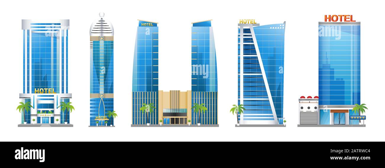 Satz moderner Hotelgebäude, Wolkenkratzer-Türme mit Palmen, Architekturkonstruktionen, urbane Landschaft, Vektorgrafiken isoliert auf Weiß Stock Vektor