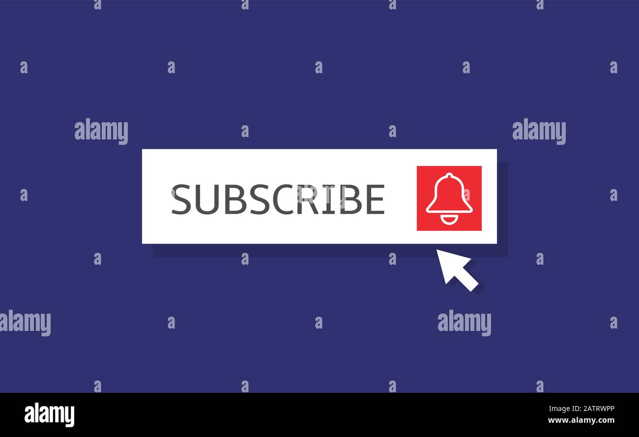 Bannervorlage abonnieren. Weiße Taste "Abonnieren" mit Glockensymbol und Pfeil Klicken Sie auf das Cursorzeichen Stock Vektor