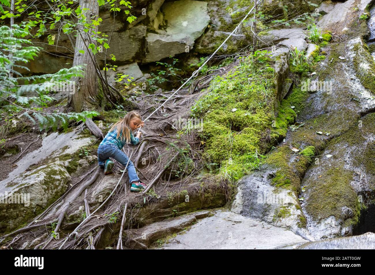 Ein Mädchen hält ein Seil, während es einen steilen Felshang hinaufklettert und auf den Boden hinter sich schaut; Lachsarm, British Columbia, Kanada Stockfoto
