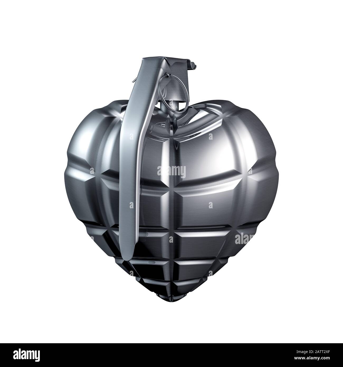 Herzhandgranate/3D-Darstellung von silbermetallischem Sprengstoff, wie Herzsymbol Stockfoto