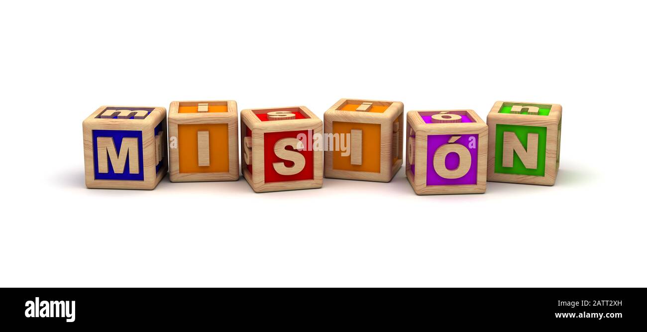 Mision Text Cube (Isoliert auf weißem Hintergrund) Stockfoto