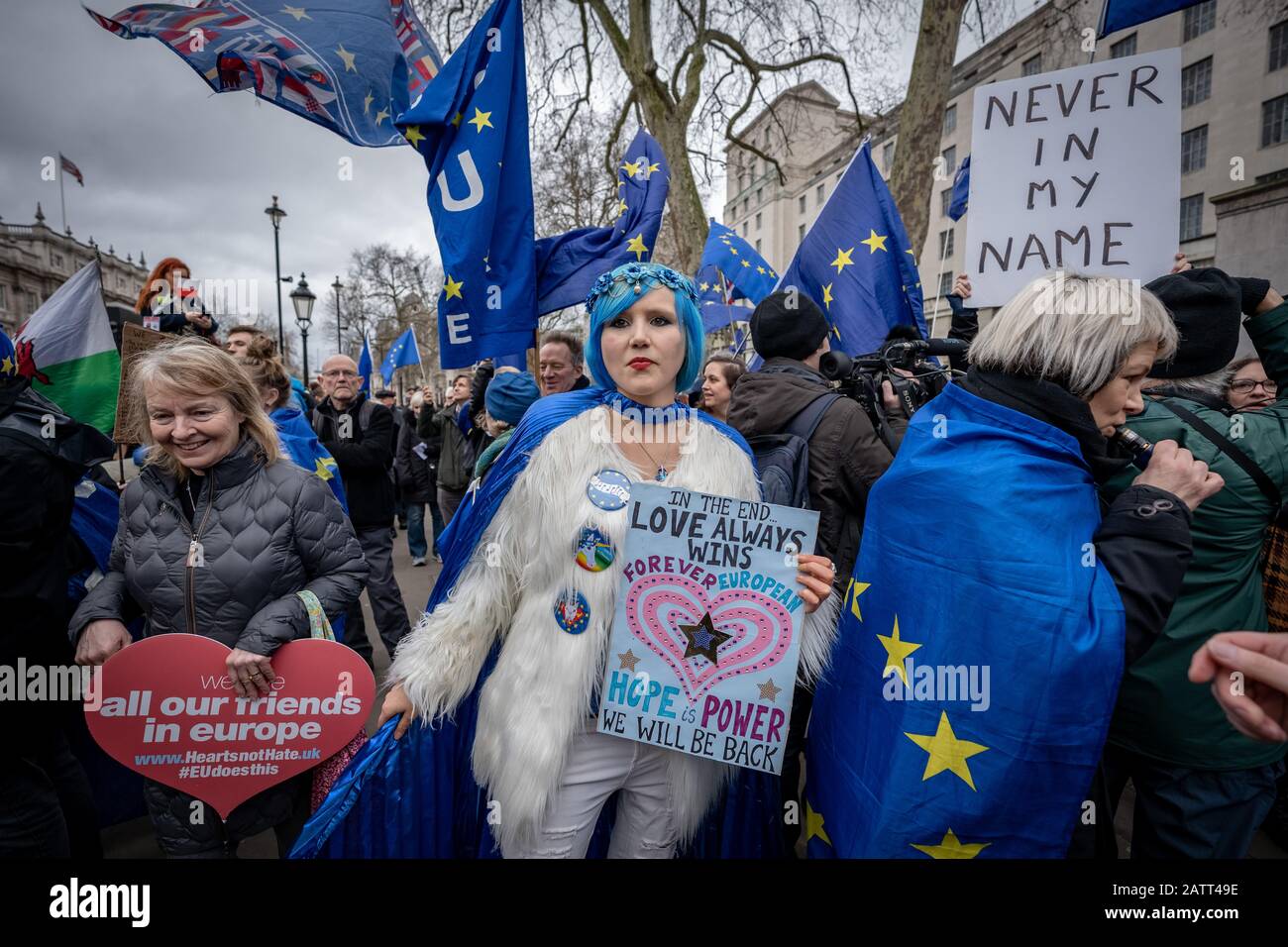 Britischer Brexit Tag 31. Januar 2020. Die Feierlichkeiten in London als Großbritannien verlassen die Europäische Union nach einer 47-jährigen Beziehung endgültig. Stockfoto