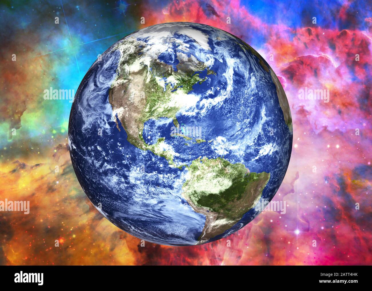 Erdplanet des Sonnensystems in der Nähe Des Lagunen-Nebels in hellen Farben. Science-Fiction-Hintergrundbild. Elemente dieses Bildes wurden von der NASA eingerichtet. Stockfoto