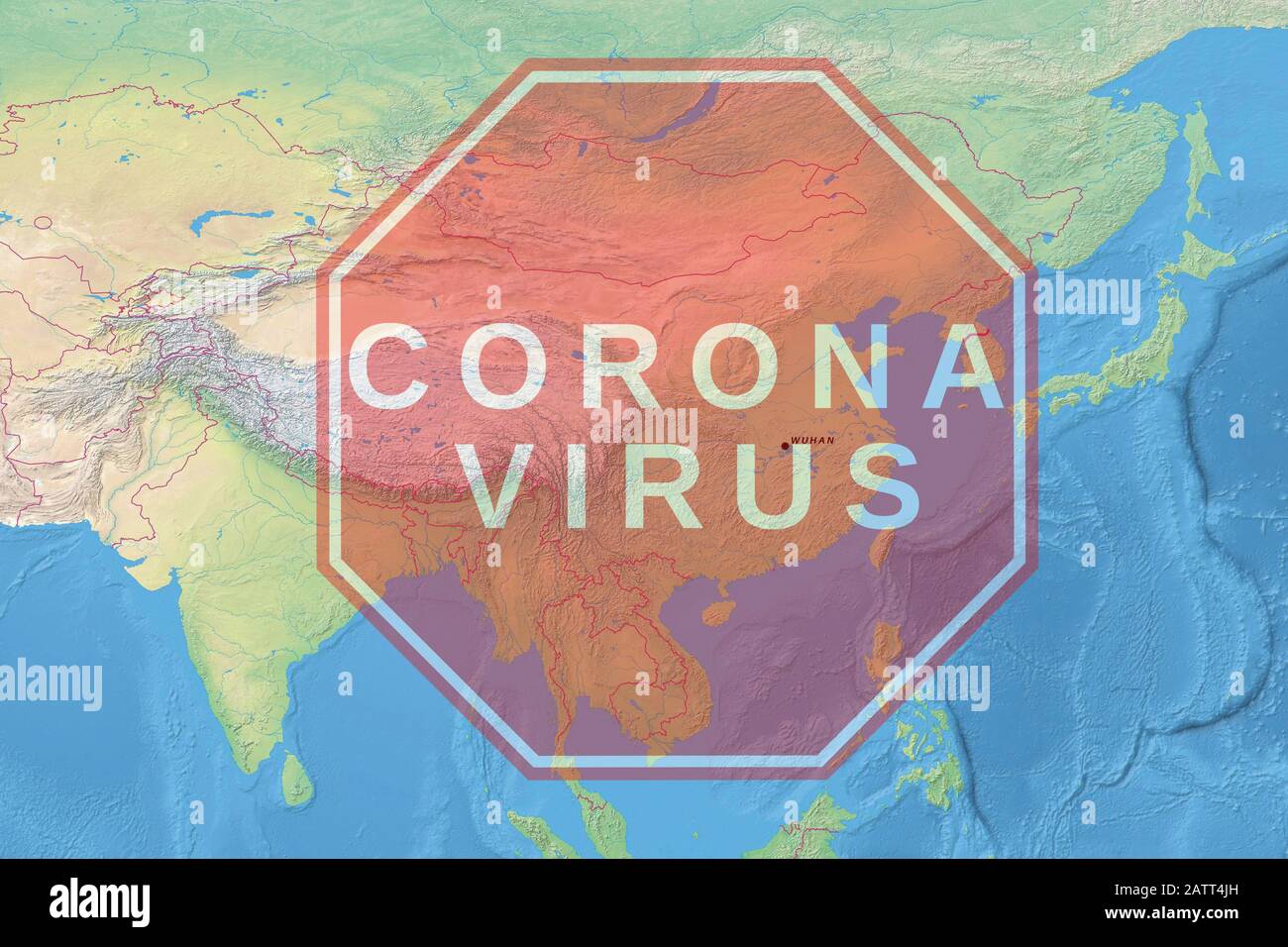 Zeichen Vorsicht Coronavirus - Physische Karte von China mit Wuhan-Stadt in der Provinz Hubri mit Stoppsymbol des Corona-Virus. Pandemic Medical Concept Stockfoto