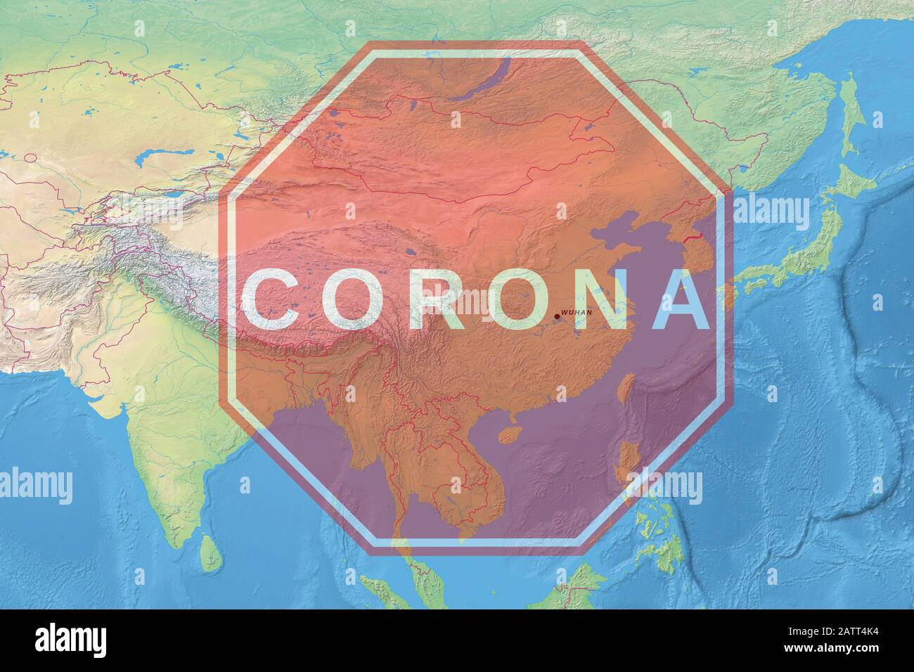 Zeichen Vorsicht Coronavirus - Physische Karte von China mit Wuhan-Stadt in der Provinz Hubri mit Stoppsymbol des Corona-Virus. Pandemic Medical Concept Stockfoto