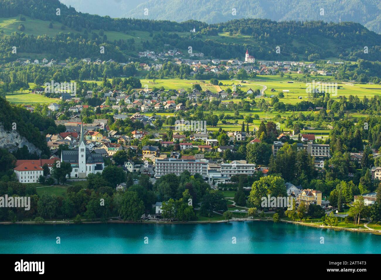 Blick auf den berühmten See Bled in Slowenien Stockfoto