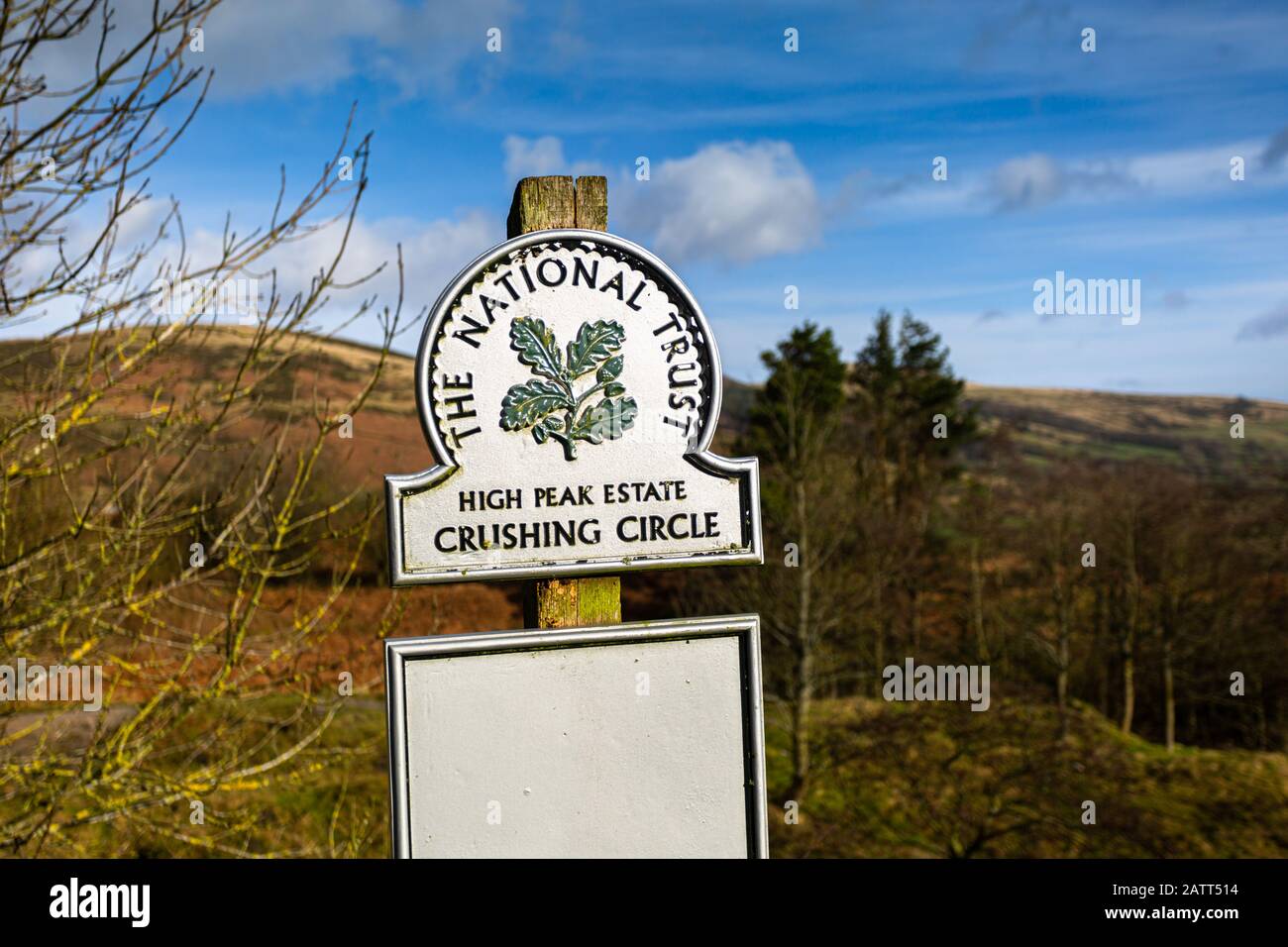 National Trust Schild für High Peak Anwesen, Crushing Circle, The Peak District, Derbyshire, Großbritannien Stockfoto