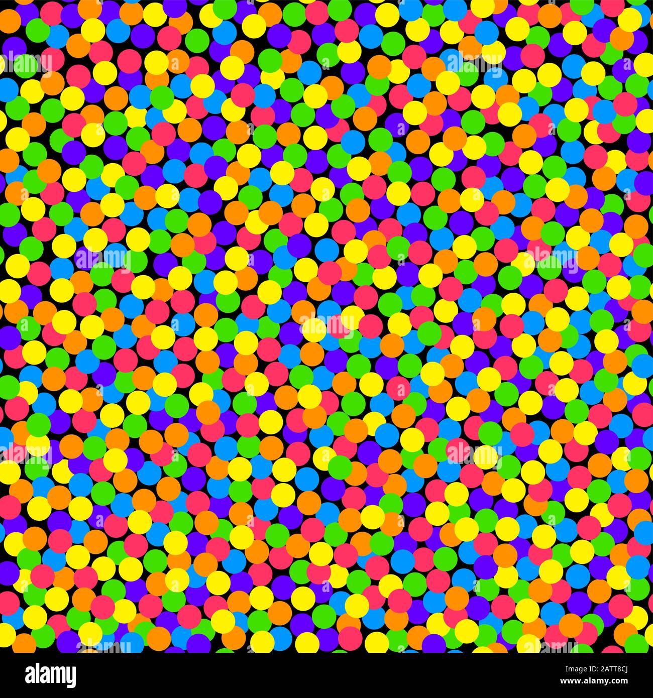 Farbenfroher Konfettihintergrund, nahtlose Kachel. Kleine Punkte in kräftigen und gesättigten Farben, zufällig verteilt auf einen quadratisch geformten schwarzen Hintergrund. Stockfoto